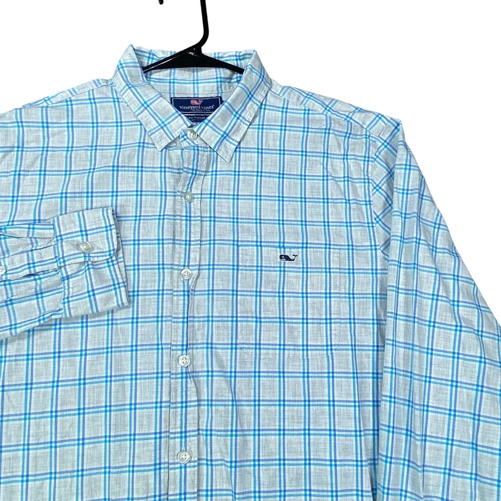 Vineyard Vines Slim Fit Tucker Shirt Mens Large Long Sleeve Plaid Blue Cotton